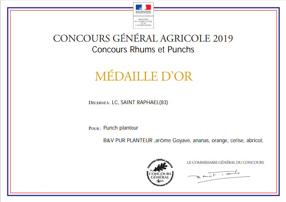 Diplôme médaille d'or - Concours Général Agricole 2019 - Paris
